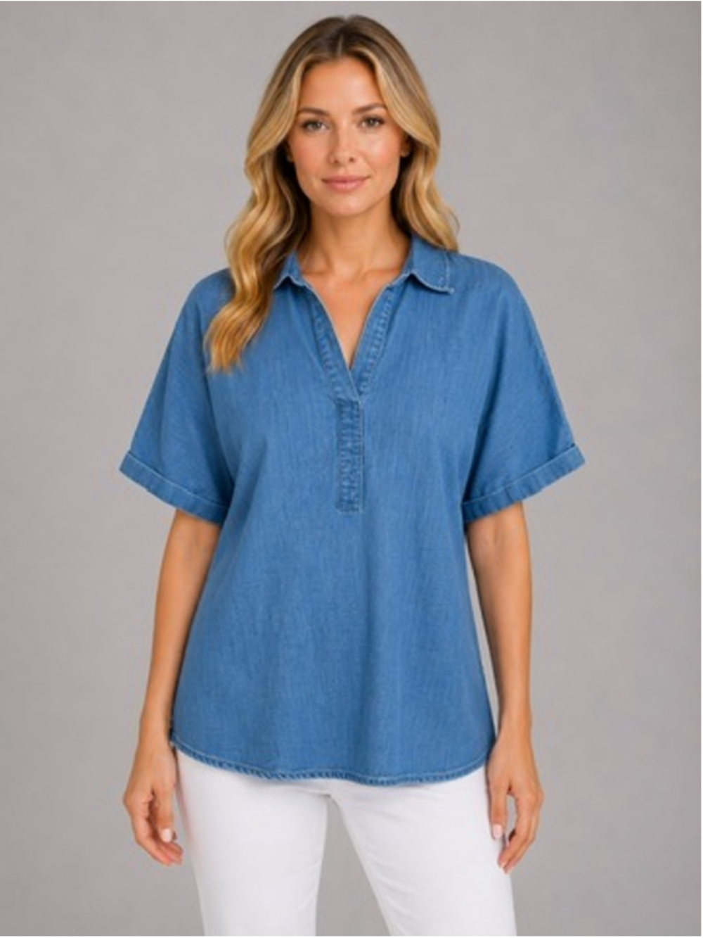 Chicos Chambray Denim Blouse Pullover V-Neck Relaxed Boxy Flattering Size 3 = XL